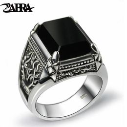 Bracelets Zabra Real Sier noir Zircon anneau pour hommes femme gravé fleur hommes mode Sterling Thai Sier bijoux synthétique Onyx