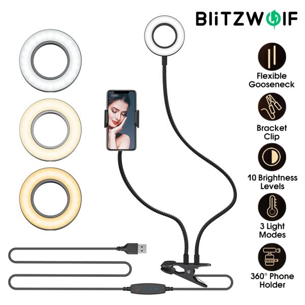 Supports BlitzWolf BWSL6 Clip Selfie Ring Light avec support de téléphone portable flexible Support paresseux lampe de bureau lumière LED pour le maquillage en direct