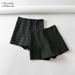 BRADELY MICHELLE femmes Streetwear décontracté mince noir a-ligne Tartan jupe fermeture éclair taille haute Plaid fendu Mini jupes 210311