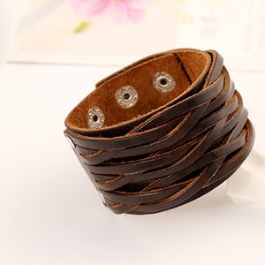 Braid lederen bangle manchet meerlagige wikkelknop verstelbare armband pols voor mannen vrouwen mode sieraden zwart