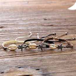 Bracelet tressé unisexe – Bracelets tissés à la main avec coquillages, étoile de mer, grand surfeur, bijoux de style hawaïen réglables pour Summ263c