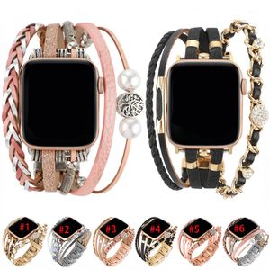 Pulsera de cuero trenzado Correa de joyería para Apple Watch 49 mm 45 mm 41 mm 44 mm 40 mm 42 mm 38 mm bandas Ladies Diamond Replacement Wristband para Iwatch Ultra 8 7 6 5 4 3 Se