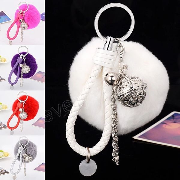 Porte-clés en cuir PU tressé en peluche, boule moelleuse, cloche, porte-clés pour femmes et filles, mode sac de voiture, portefeuille pendentif bibelot de fête