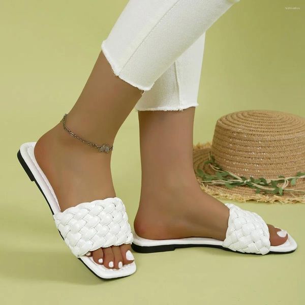 Sandales tressées détaillées de couleur colorée de diapositive pour femmes chaussures plates ouverts plats décontractés Summer plage 2785