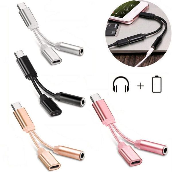 Cables de audio trenzados tipo C a 3,5mm cargador 2 en 1 tipo C 3,5mm adaptador de Cable auxiliar divisor conector de auriculares para teléfono inteligente