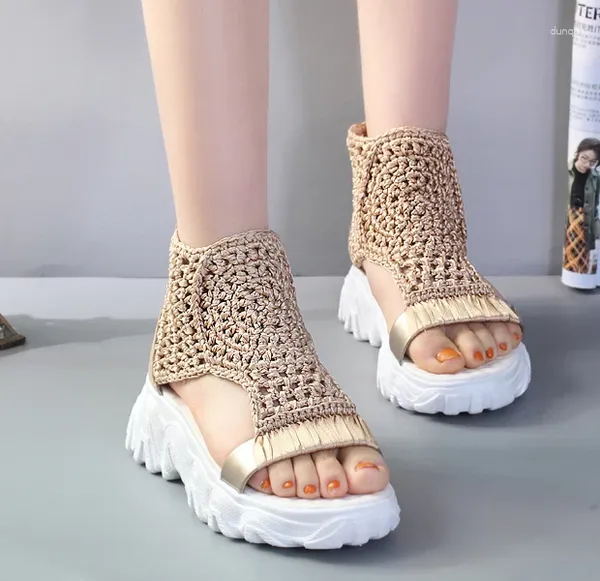 Sandales tressées géométriques pour femmes, chaussures d'été tricotées élastiques, maille plate creuse, plateforme 5, 2023