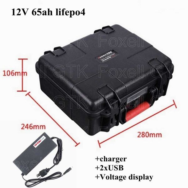 Paquete de batería lifepo4 de 12v 65ah integrado en bms con carcasa de ABS impermeable para patinete eléctrico, motocicleta eléctrica + cargador 5A