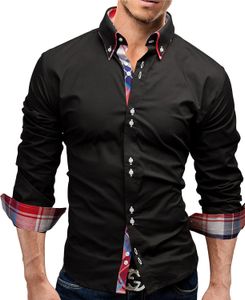 Marca 2017 camisa masculina de moda de manga larga Tops camisa de negocios de doble cuello camisas de vestir para hombres delgados 3XL