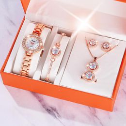 Merk 6pcs kijken set dames luxe mode dames rosé goud kwarts polshorloges beroemde kristallen jurk horloges