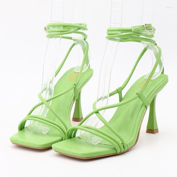 Marca 9cm 2023 Sandalias de verano Mujeres Tisos altos altos abiertos Stripper verdes Lace Up Gladiator Zapatos Plus Tamaño 93