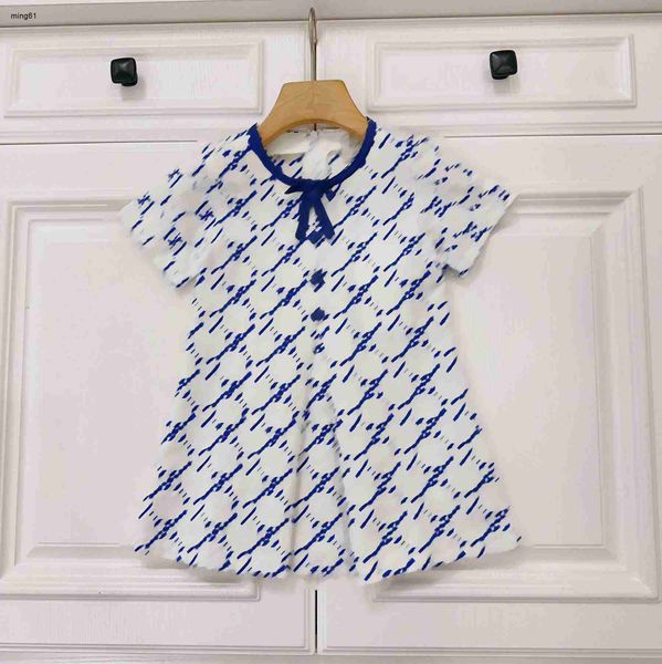Falda de bebé de marca, ropa de diseñador para niños, vestidos de niña con estampado de letras azules, tamaño 90-160 CM, vestido de princesa, vestido de verano de manga corta para niños, 24 de marzo