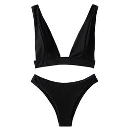 Marque noir Biquinis Sexy V profond ensemble maillot de bain lettre imprimer trois points Bikinis pour femmes piscine maillot de bain