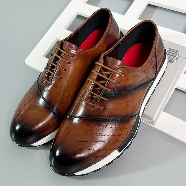 Marque Chaussures décontractées pour hommes Véritable cuir en cuir masculin oxfords Lacet-up Sneakers Lettre Gravure Chaussures quotidiennes d'extérieur mâle 240402