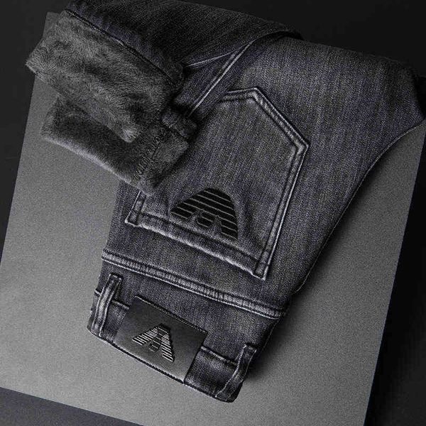 Marca Chao, pantalones vaqueros gruesos de felpa de invierno para hombre, pantalones cálidos bordados de tubo recto pequeño elásticos ajustados