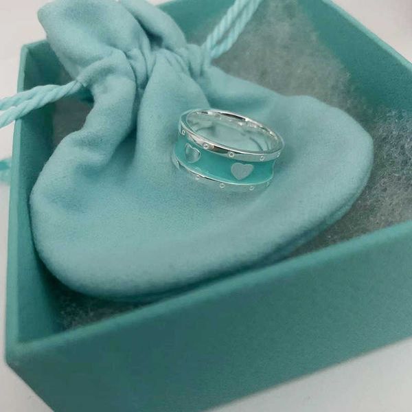 Brand Charm TFF S925 STERLING Silver Enamel Ring en forme de coeur Femme Advanced Sense Lake Blue Love Couple Paire personnalité