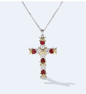 Marca Classic Ins primera venta Joyería de Lujo 925 Sterling Silver Cross Pendant Ruby White CZ Diamond Fiesta Mujeres Link Cadena Collar Regalo