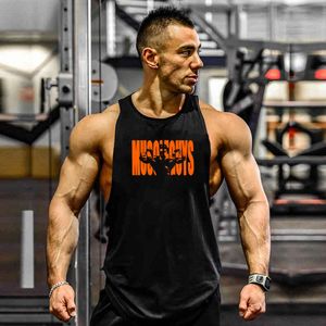 Merk Kleding Bodybuilding Fitness Heren Vest Sexy Zomer Letters Print Katoen Mouwloze Tank Top Gyms Mannen Onderhemd Tanktop 210421