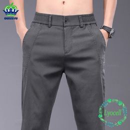 Vêtements de marque printemps été mince stretch lyocell tissu masque pantalon décontracté mince taise élastique pantalon gris pantalon mâle 240429