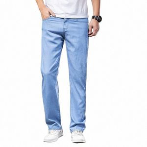 Marque Vêtements Été Lyocell Jeans Hommes Mince Lâche Droite Stretch Denim Pantalon Bleu Clair Pantalon Classique Grande Taille 40 42 44 N7AM #