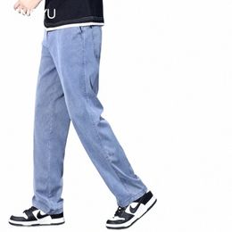 Marque Vêtements Été Nouveau Doux Lyocell Tissu Jeans Hommes Bleu Taille Élastique Lâche Droite Mince Denim Pantalon Mâle Plus Taille 5XL B65N #