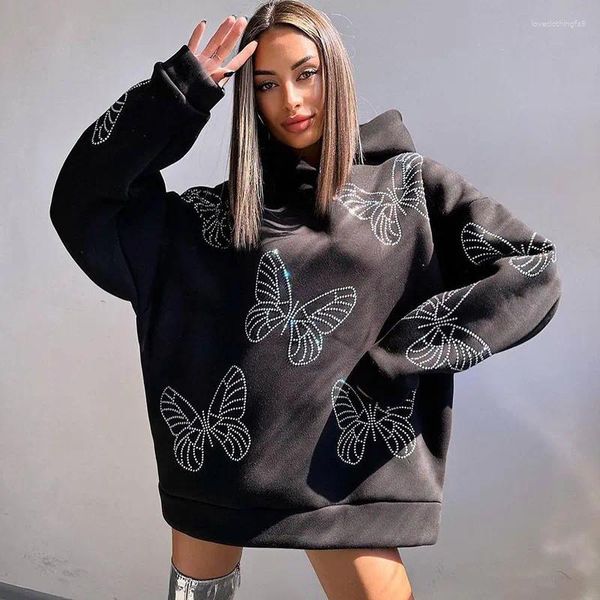 Vêtements de marque Sweats à capuche pour femmes 2023 Automne Hiver Papillon Diamant Noir Pull à capuche Printemps Manches longues Style paresseux Haut ample