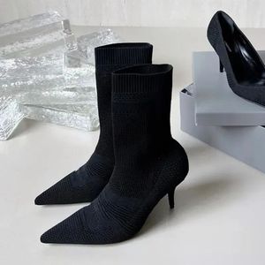 Merkmanchetjes geribbelde sokken, hiel enkellaarzen, elastische gebreide zwart lederen veter omhoog fietslaarzen, luxe designer schoenen voor dames, fabrieksschoenen 8,5 cm 02563