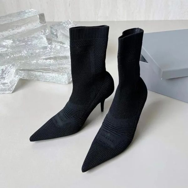 Chaussettes côtelées à poignets de marque, bottines à talons, bottes de vélo à lacets en cuir noir tricoté élastique, chaussures de créateur de luxe pour femmes, chaussures d'usine 8.5cm