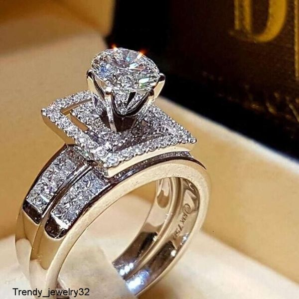 Marca Linda mujer cristal blanco conjunto redondo anillo de compromiso Vintage anillos de boda nupciales Sier para mujer clásico