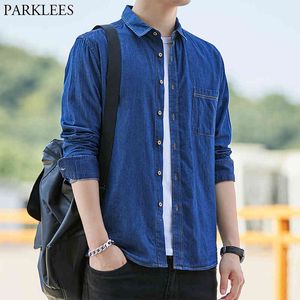 Merk Denim Mannen Shirt 100% Katoen Mannen Jurk Shirt met Pocket Mens Lange Mouw Casual Slim Fit Mannen Chemise Streetwear Camisa 210524