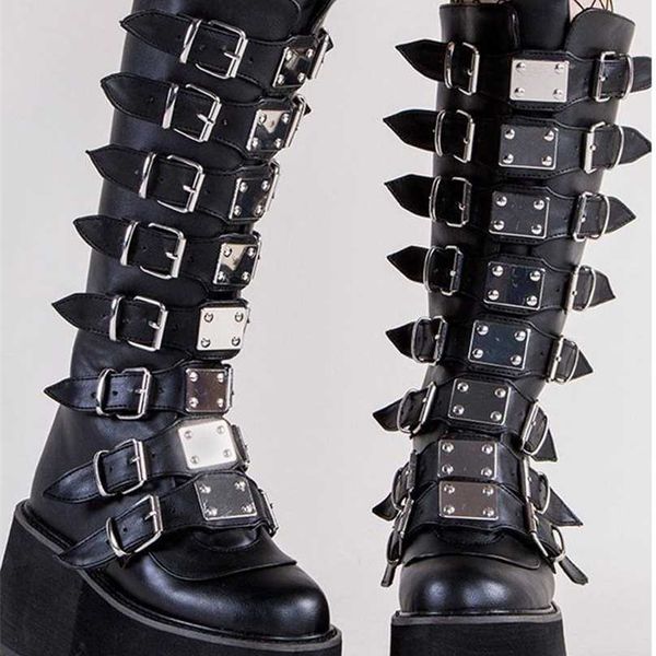 Diseño de marca Estilo gótico negro Plataforma gruesa Primavera Otoño Invierno Zapatos Mujer Moda Punk Street Cosplay Botas Tallas grandes 50 211104