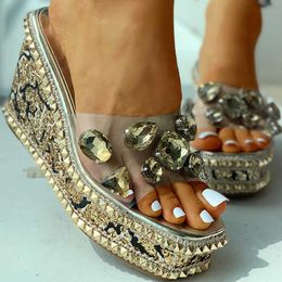 Design de marque Doratasia sandales cristaux claires plate-forme hauts talons hauts pantoufles coins sandals femmes chaussures d'été féma 259d