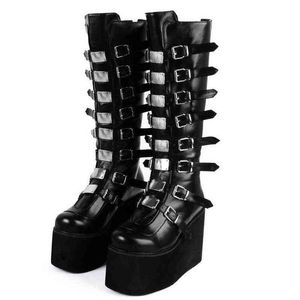 Diseño de marca cuñas femeninas tacones altos muslo botas altas moda negro plataforma botas mujeres 2021 gótico Cosplay zapatos mujer G1104