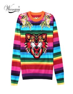 Brand Design Tiger Jacquard Rainbow Color Striped Jumper Lettre de printemps hiver