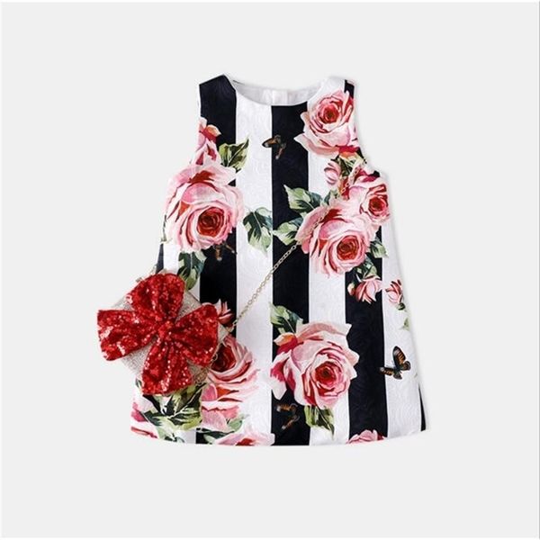 Marque Design Enfant Roses Fleur Robe Enfants Filles Rayé Mode Sans Manches Coton Jacquard Droit 210529