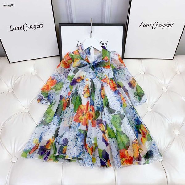 Vestido de niña de diseñador de marca, vestidos de manga larga de verano para niños, vestido con estampado de flores de gasa para bebé, tutú de fiesta para niños a la moda