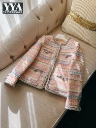 Diseñador de marca Chaqueta de tweed de lana de lujo para mujer Elegante para mujer Arco iris Rosa Abrigo de sarga Botones Bolsillos O Cuello Fiesta Outwear Tops 240104