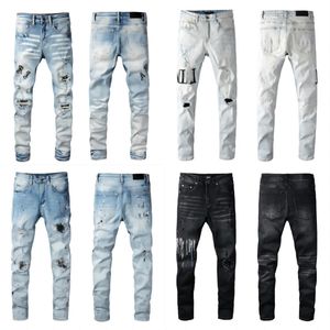 Merkontwerper Amirs heren paarse jeans denim borduurwerk broek mode gaten broek hip hop noodlijdende rits broek voor mannelijke yh1t