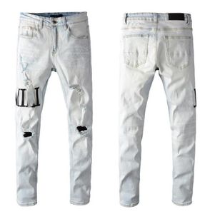 Merk Designer heren paarse jeans amirs Denim Borduren Broek Mode Gaten Broek Hip Hop Verontruste Rits broek Voor Mannelijke y8b