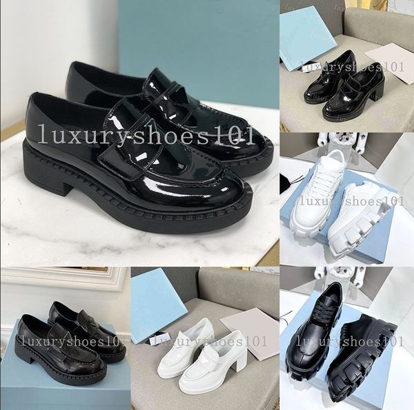 Marque Designer Monolith Mocassins Chaussures Mocassins En Cuir Métallisé Cristal Embelli Satin Triangle Logo Chaussures Noires Plate-Forme Baskets Or Ruban Entraîneur