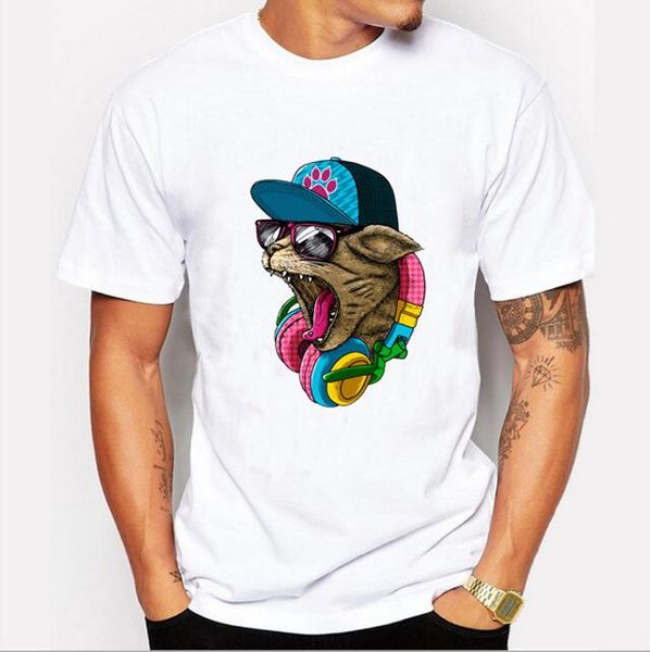 Diseñador de la marca-Nueva llegada Moda para hombre Crazy DJ Cat Design Camiseta Cool Tops Camisetas de manga corta Hipster