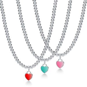 Marque Designer style célèbre marque coeur pendentif collier vente rouge rose vert émail rempli de perles de nectarine chaîne colliers 261g