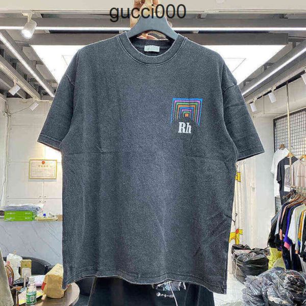 Diseñador de marca camiseta hombres mujeres vintage tela pesada Rhude Box perspectiva camiseta ligeramente suelta multicolor agradable camiseta lavada 2N6N UMSC