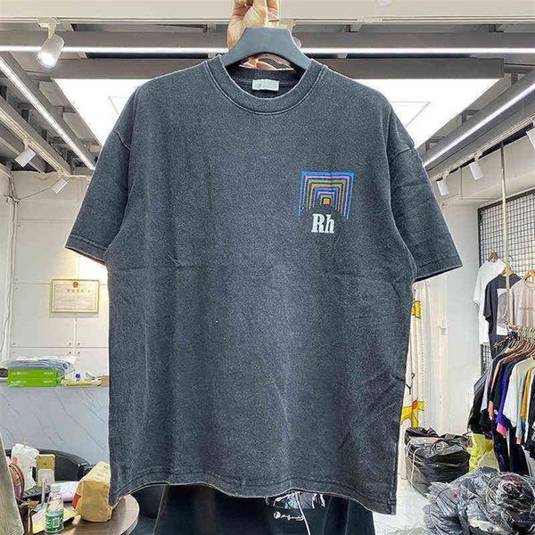 Camiseta de diseñador de marca para hombre y mujer, camiseta Vintage de tela pesada con perspectiva de caja Rhude, camiseta ligeramente holgada Multicolor, bonita camiseta lavada 220c