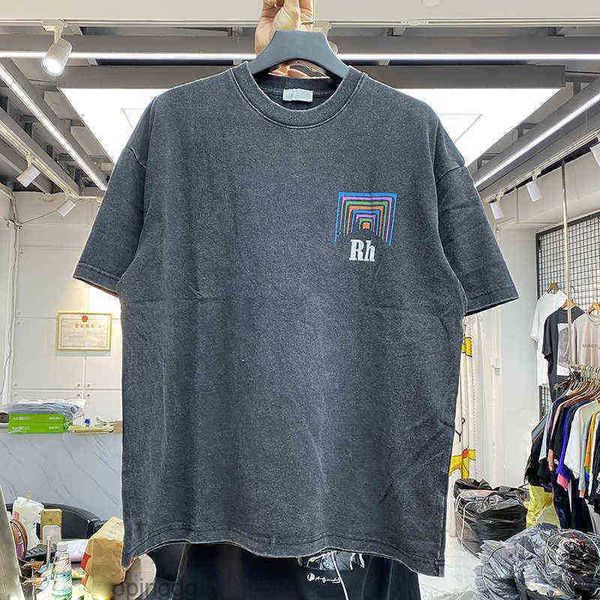 Camiseta de diseñador de marca para hombre y mujer, camiseta Vintage de tela pesada con perspectiva de caja Rhude, camiseta lavada multicolor ligeramente holgada RCJT001