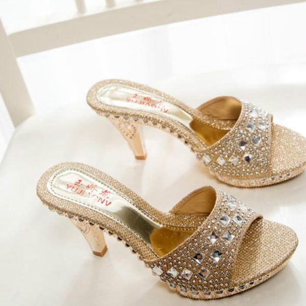 Diseñador de marca-Venta al por mayor Zapatos de moda de verano Mujer Rhinestone Sandalias de tacón alto Zapatillas de mujer Sandalias Zapatos de mujer Tamaño 35-39 TX0141