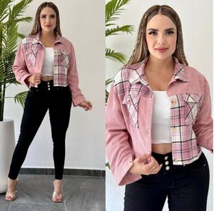 Marque Designer Femmes Automne Nouveau Velours Rose Manteaux Femmes Plaid Patchwork Casual Veste Revers Bouton Unique Court Survêtement Q635GG #