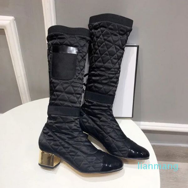 designer de marqueChaussures pour femmes haut de gamme nouveau style anglais pour femmes sur le genou bottes Martin en cuir à talons hauts nouvelles bottes à carreaux en soie élastique