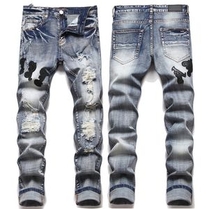 Patch Biker Jeans Men's Fashion Slim Vintage Casual denim broek beschadiging Lange Moto broek