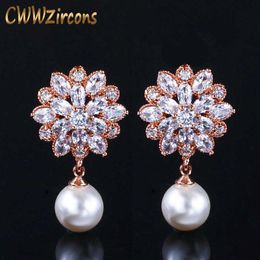 Merk Mode CZ Crystal Bungelen Drop Pearl Earring Rose Gold Color Cubic Zirconia Sieraden voor Dames CZ183 210714