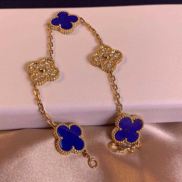 Brand Fashion High Version V Golden Van Four Leaf Grass Five Flower Bracelet Womens Blue Jade Medal Diamond Épais plaqué 18k Rose Gold